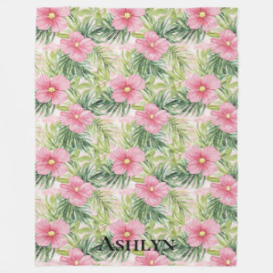 Tropical Pink Flowers Fleece Blanket