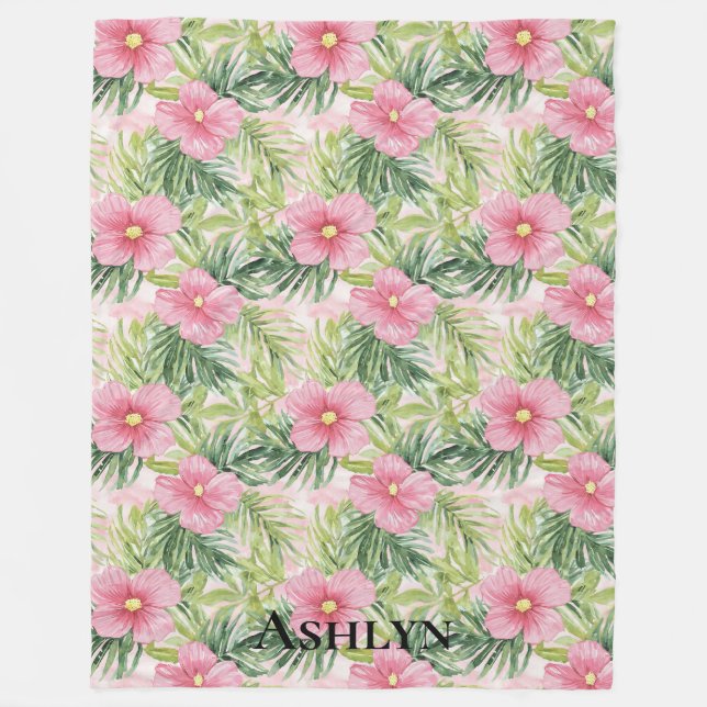 Tropical Pink Flowers Fleece Blanket (Front)