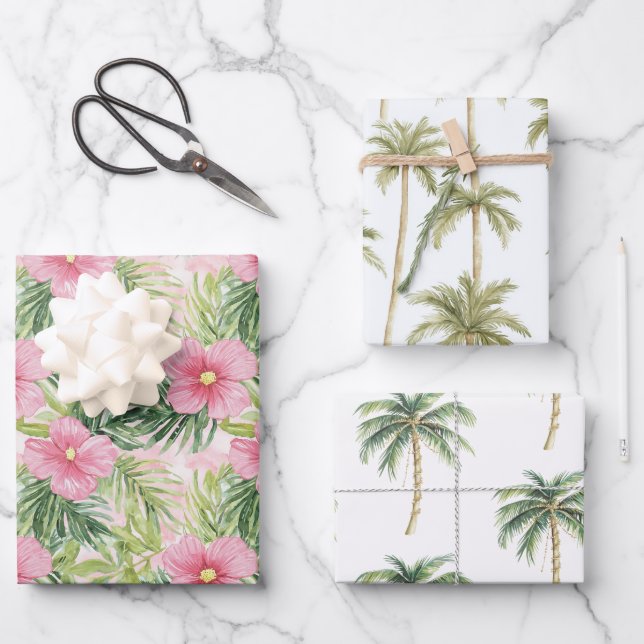 Tropical Pink Flowers Gold Palm Trees Wedding Wrapping Paper Sheet (Front)