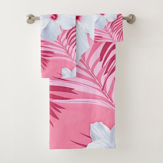 Tropical pink flowers hibiscus bath towel set (Insitu)