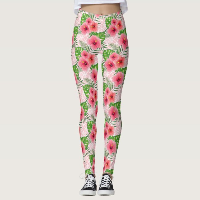Tropical Pink Flowers Leggings (Front)
