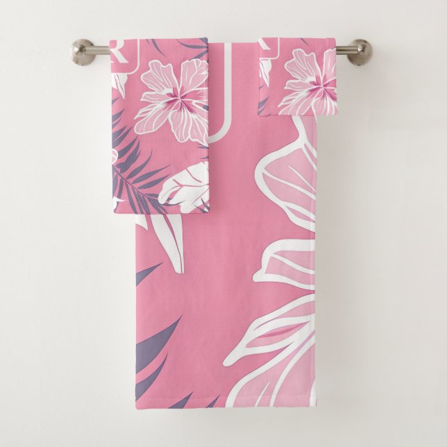 Tropical pink flowers Monogram fleece blanket Bath Towel Set (Insitu)