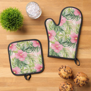 Tropical Pink Flowers   Oven Mitt & Pot Holder Set