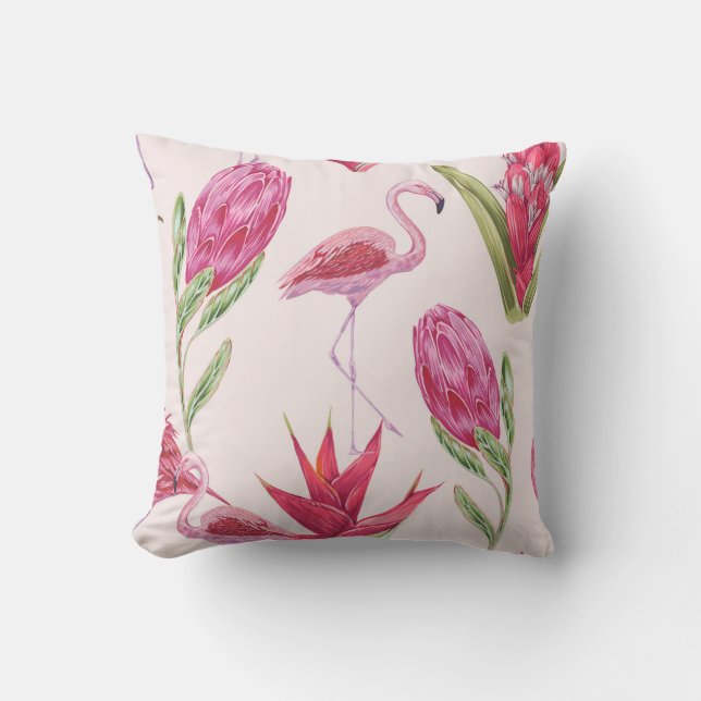 Tropical pink flowers, protea, bird of paradise fl cushion (Front)