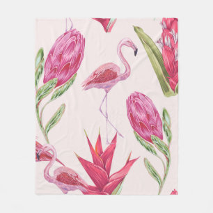 Tropical pink flowers, protea, bird of paradise fl fleece blanket