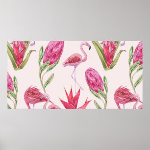 Tropical pink flowers, protea, bird of paradise fl poster