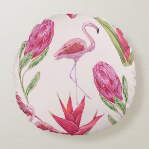 Tropical pink flowers, protea, bird of paradise fl round cushion