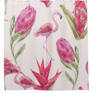 Tropical pink flowers, protea, bird of paradise fl shower curtain