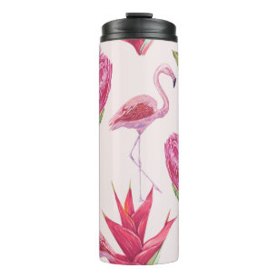 Tropical pink flowers, protea, bird of paradise fl thermal tumbler