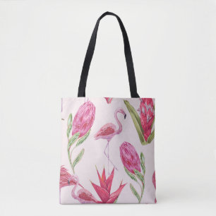 Tropical pink flowers, protea, bird of paradise fl tote bag