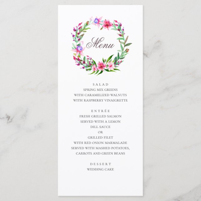 Tropical pink flowers. Watercolor floral wedding Menu (Front)