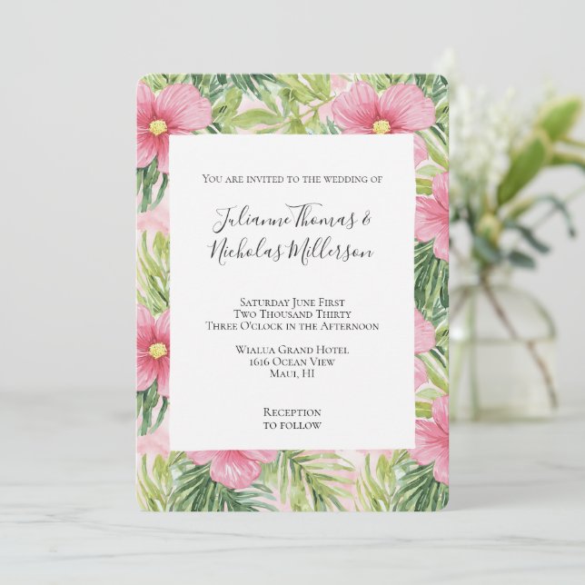 Tropical Pink Flowers Wedding Invitation (Standing Front)