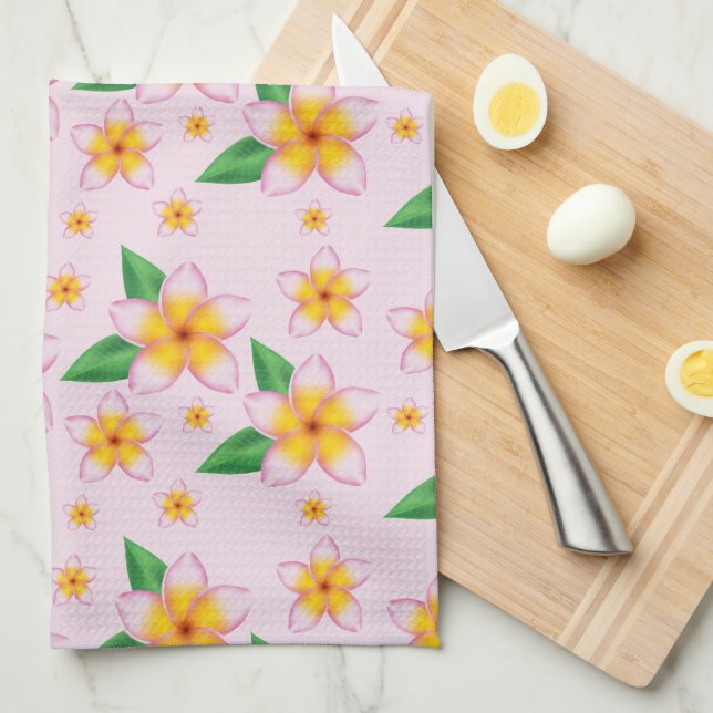 Tropical Pink Frangipani Flower Pattern Tea Towel (Quarter Fold)