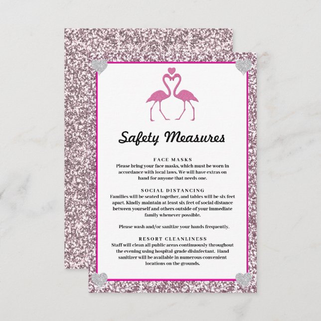 Tropical Pink Glitter Flamingo Safety Measures Enclosure Card (Front/Back)