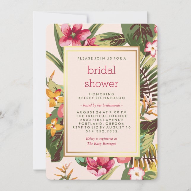 Tropical Pink Gold and Green Bridal Shower Invitation (Front)