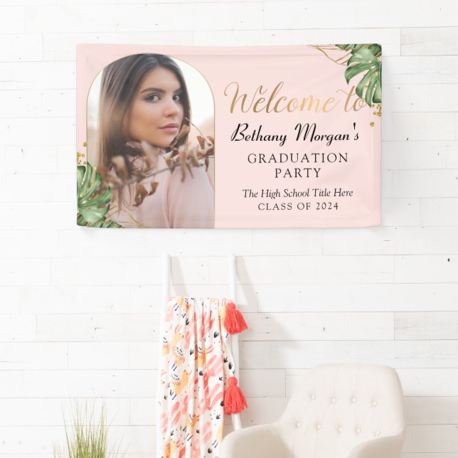 Tropical Pink Gold Arch Photo Graduation Party Banner (Insitu)