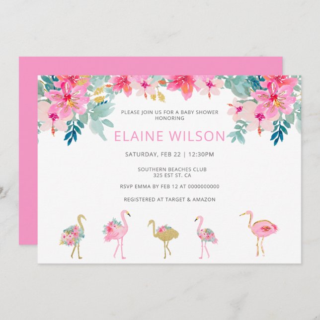Tropical Pink Gold Flamingo Baby Shower Invitation (Front/Back)