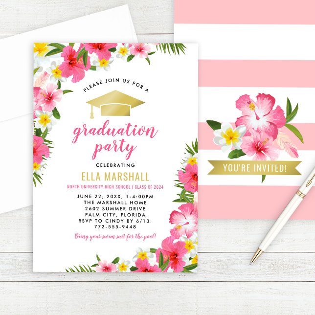 Tropical Pink Gold Hibiscus Flowers Graduation Invitation (Creator Uploaded)