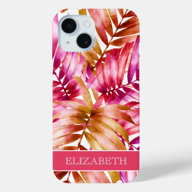 Tropical Pink Gold Palm Fronds Personalised Name Case-Mate iPhone Case (Back)
