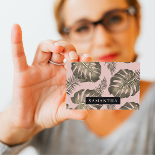 Tropical Pink & Gold Palm Leaves Pattern & Name  Business Card