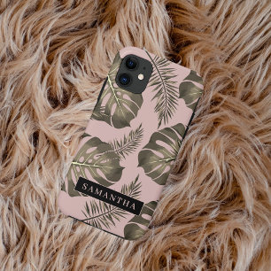 Tropical Pink & Gold Palm Leaves Pattern & Name  iPhone 11 Case