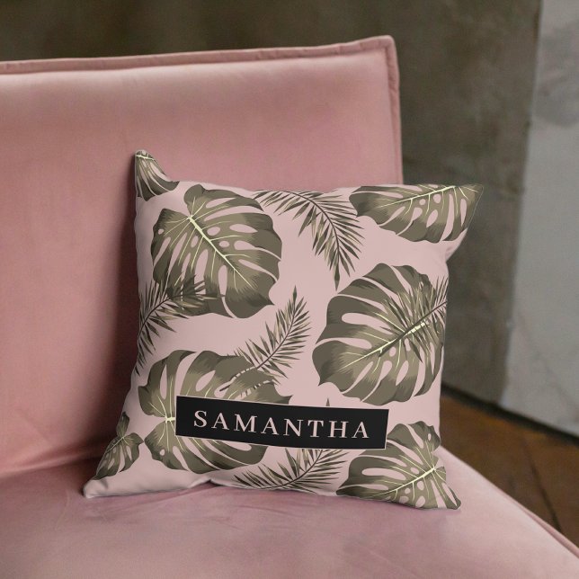 Tropical Pink & Gold Palm Leaves Pattern & Name   Cushion (Creator Uploaded)