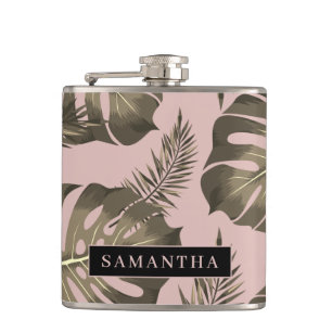 Tropical Pink & Gold Palm Leaves Pattern & Name   Hip Flask