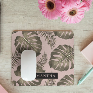 Tropical Pink & Gold Palm Leaves Pattern & Name  Mouse Pad