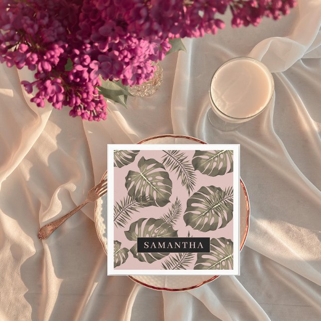 Tropical Pink & Gold Palm Leaves Pattern & Name  Napkin (Creator Uploaded)