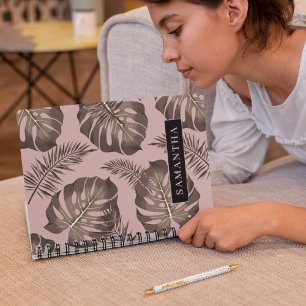 Tropical Pink & Gold Palm Leaves Pattern & Name Notebook
