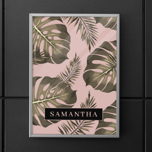 Tropical Pink & Gold Palm Leaves Pattern & Name Poster