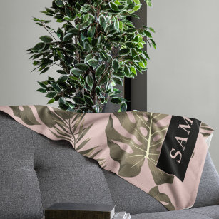 Tropical Pink & Gold Palm Leaves Pattern & Name   Sherpa Blanket