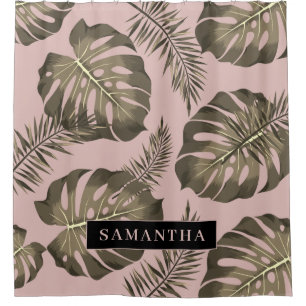 Tropical Pink & Gold Palm Leaves Pattern & Name Shower Curtain