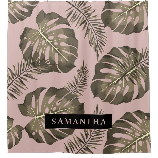 Tropical Pink & Gold Palm Leaves Pattern & Name  Shower Curtain (Front)