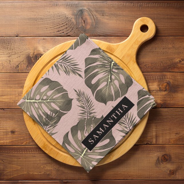 Tropical Pink & Gold Palm Leaves Pattern & Name  Tea Towel (Creator Uploaded)