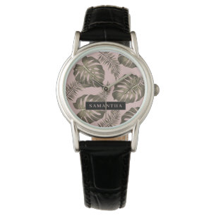 Tropical Pink & Gold Palm Leaves Pattern & Name   Watch