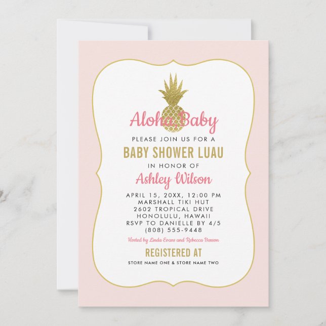 Tropical Pink Gold Pineapple Baby Girl Shower Luau Invitation (Front)