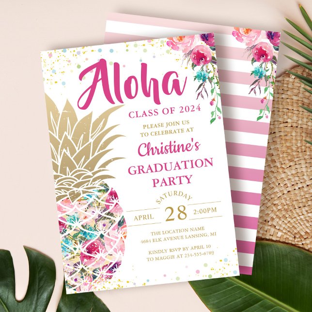 Tropical Pink Gold Pineapple Floral Graduation Invitation (Creator Uploaded)