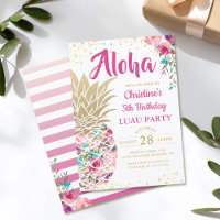 Tropical Pink Gold Pineapple Floral Luau Birthday