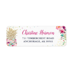 Tropical Pink Gold Pineapple Floral Return Address Label