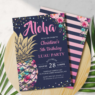 Tropical Pink Gold Pineapple Navy Blue Birthday Invitation