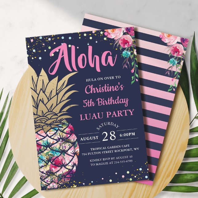 Tropical Pink Gold Pineapple Navy Blue Birthday Invitation (Creator Uploaded)