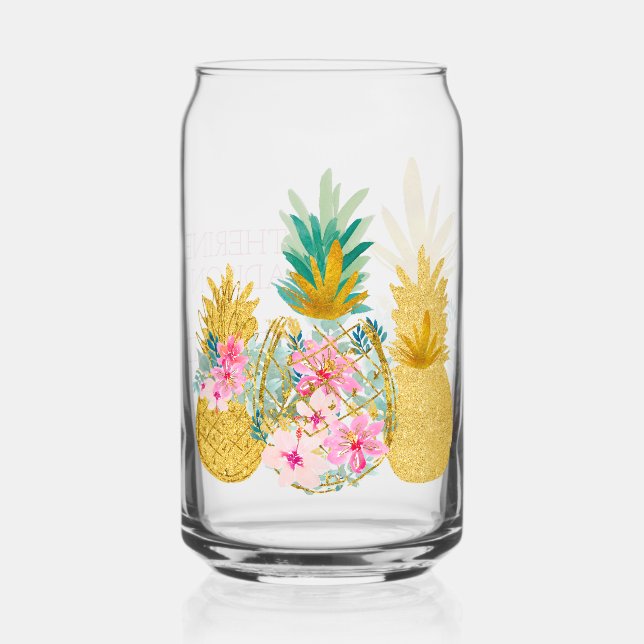 Tropical Pink Green and Gold Floral Pineapples Can Glass (Front)