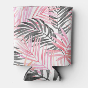 Tropical Pink Green Leaves Watercolor Can Cooler