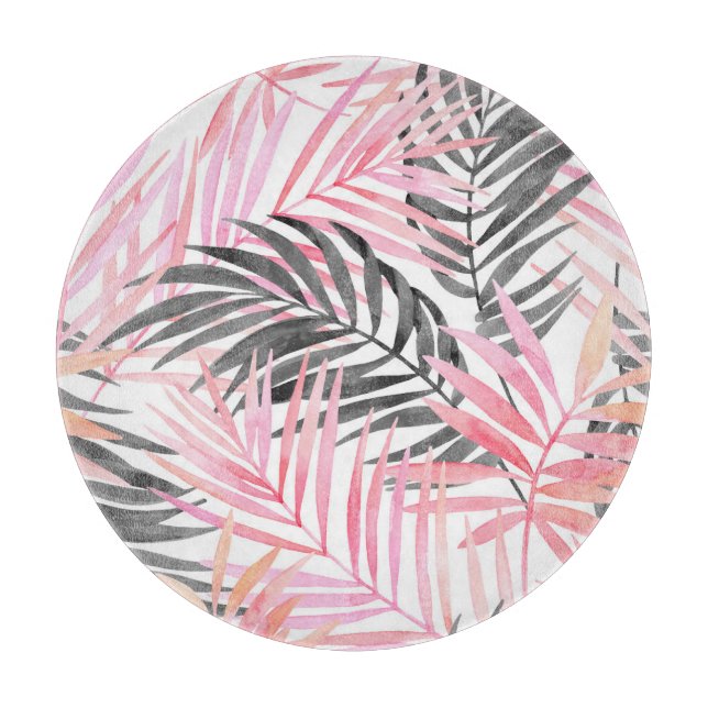 Tropical Pink Green Leaves Watercolor Cutting Board (Front)