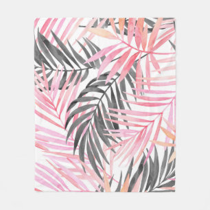 Tropical Pink Green Leaves Watercolor Fleece Blanket