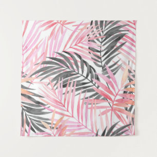 Tropical Pink Green Leaves Watercolor Tapestry