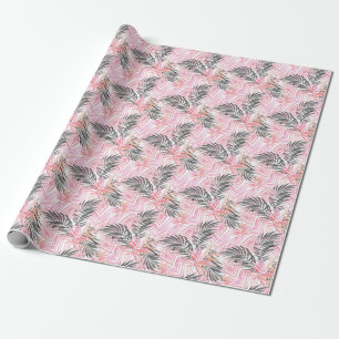 Tropical Pink Green Leaves Watercolor Wrapping Paper