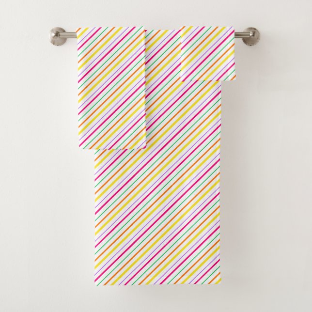 Tropical Pink Green Orange Yellow Stripes Bath Towel Set (Insitu)