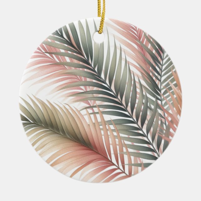 Tropical Pink Green Palm Leaves Ceramic Ornament (Front)